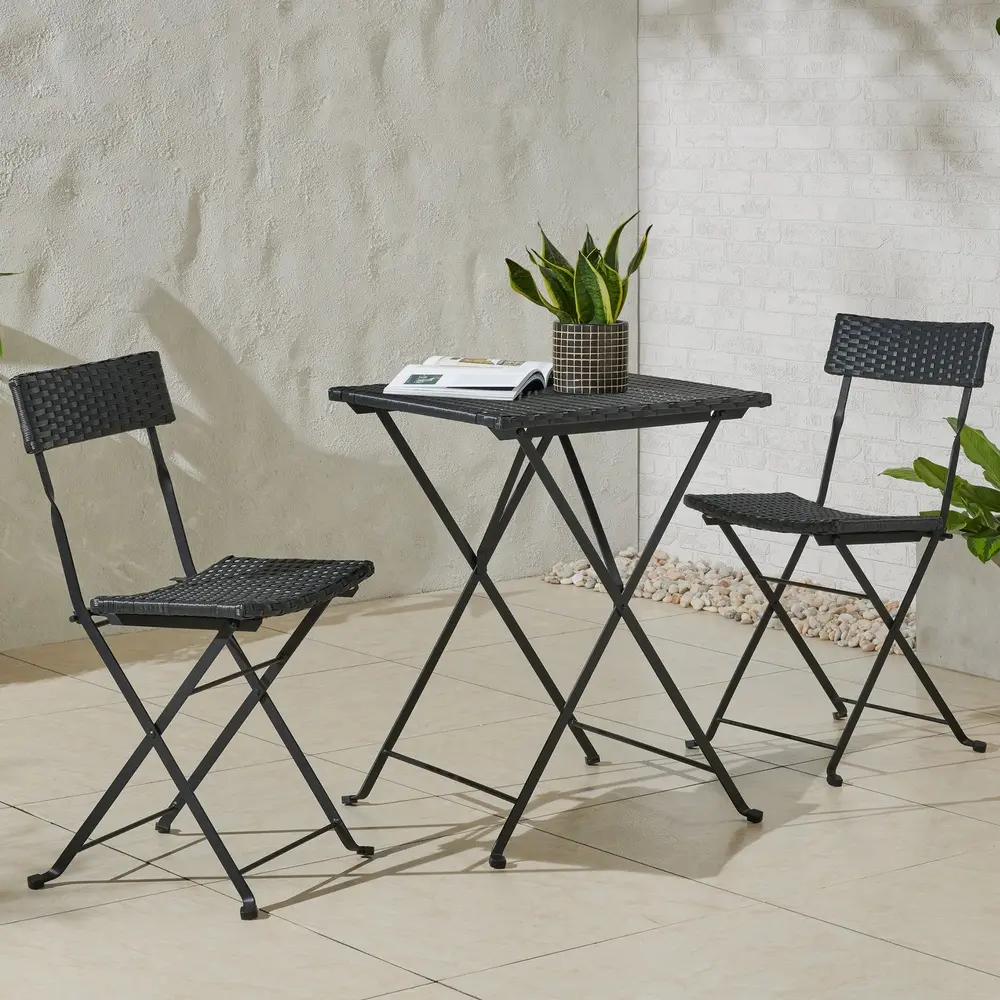 Folding Outdoor Bistro Set 3-Piece Rattan Steel Table and Chairs Lightweight Compact Patio Furniture Small Spaces