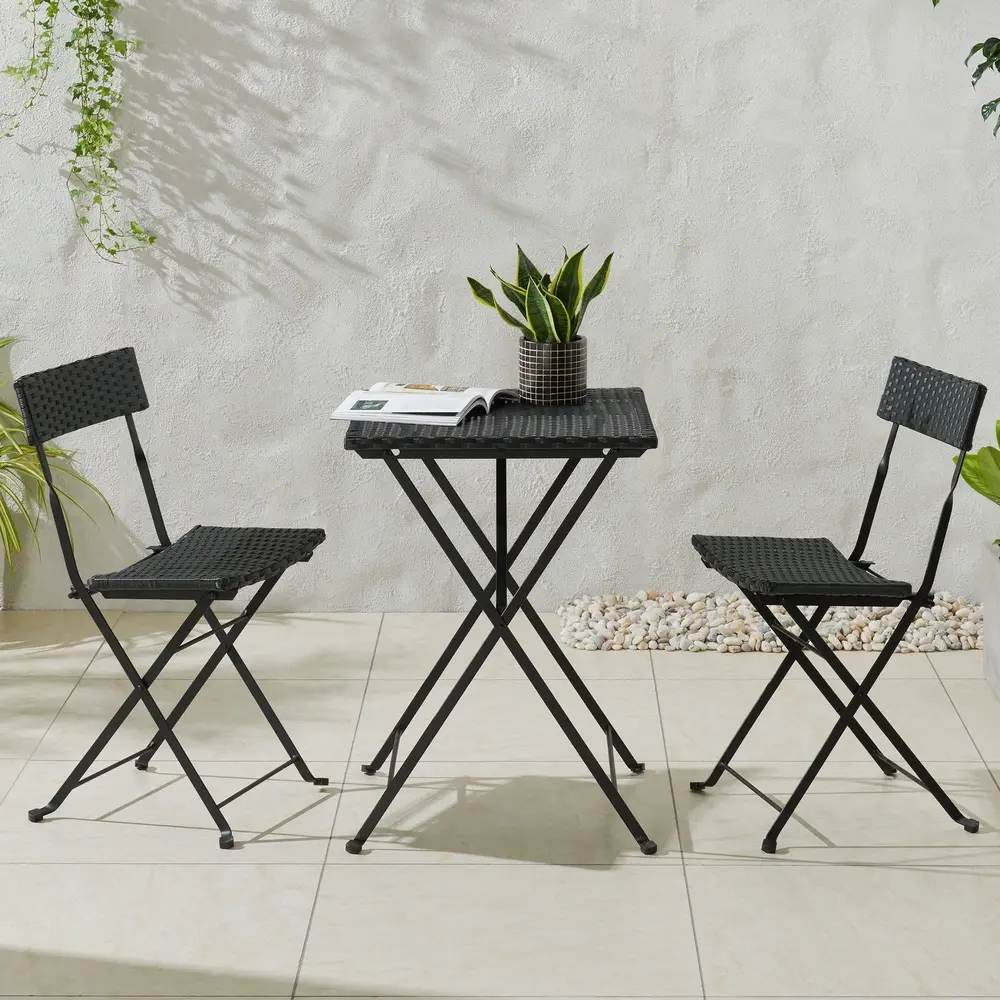 Folding Outdoor Bistro Set 3-Piece Rattan Steel Table and Chairs Lightweight Compact Patio Furniture Small Spaces
