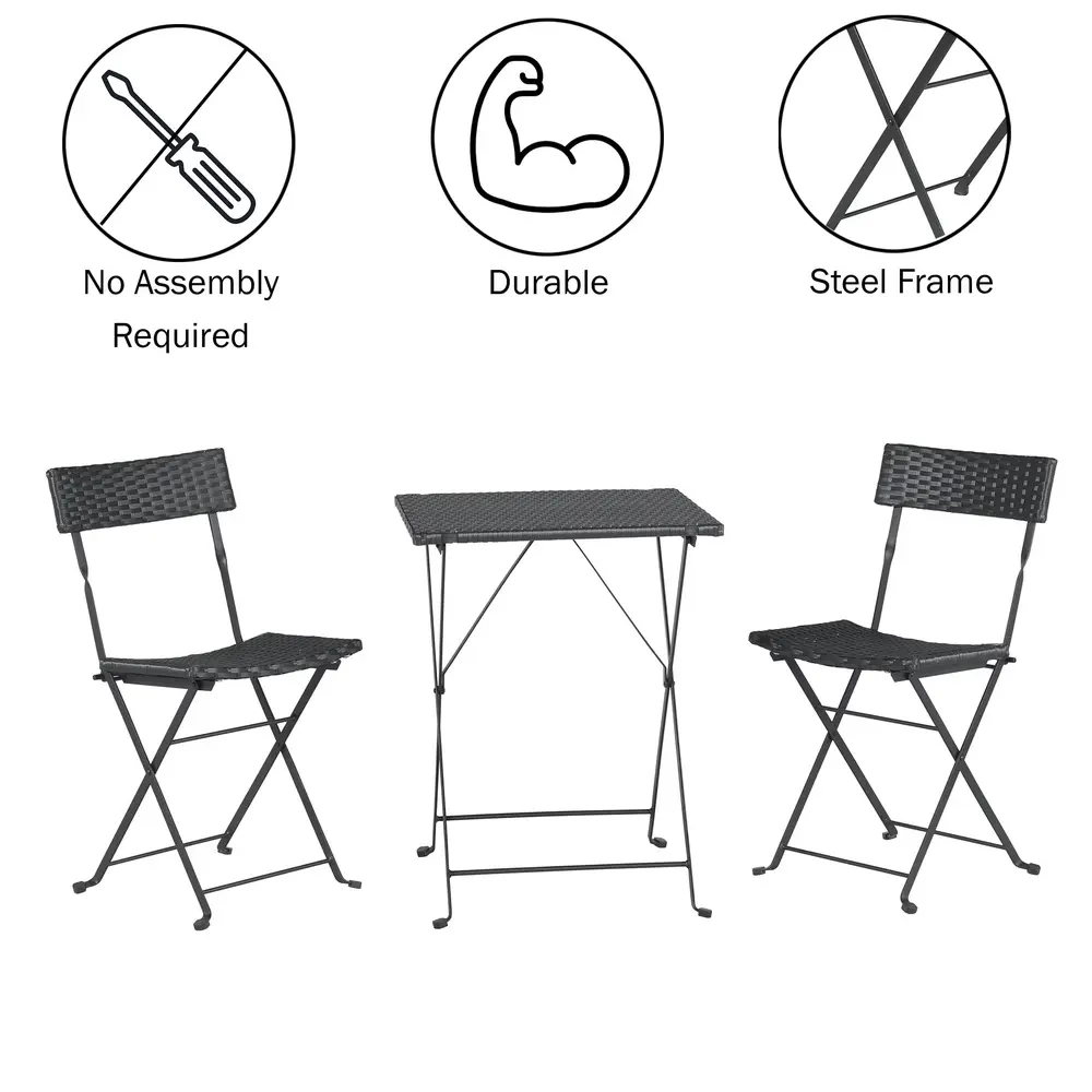 Folding Outdoor Bistro Set 3-Piece Rattan Steel Table and Chairs Lightweight Compact Patio Furniture Small Spaces