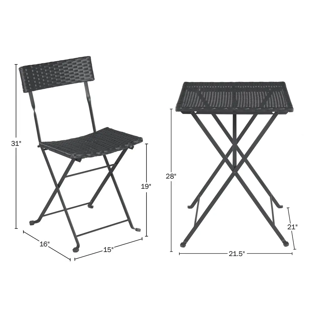 Folding Outdoor Bistro Set 3-Piece Rattan Steel Table and Chairs Lightweight Compact Patio Furniture Small Spaces