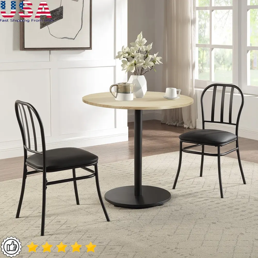 3 Piece Indoor Bistro Dining Set with Wood Table Top and Cushioned Chairs Durable Steel Frame Easy Assembly