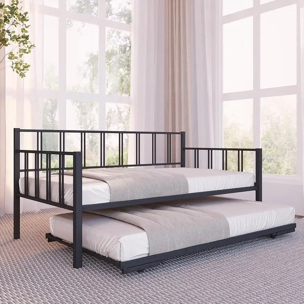 Twin Daybed with Backrest and Pop-Up Trundle Set Space-Saving Furniture Sleepovers and Guest Rooms Durable Multi-Functional Bed