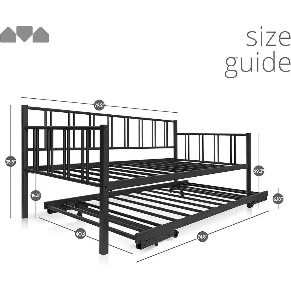 Twin Daybed with Backrest and Pop-Up Trundle Set Space-Saving Furniture Sleepovers and Guest Rooms Durable Multi-Functional Bed