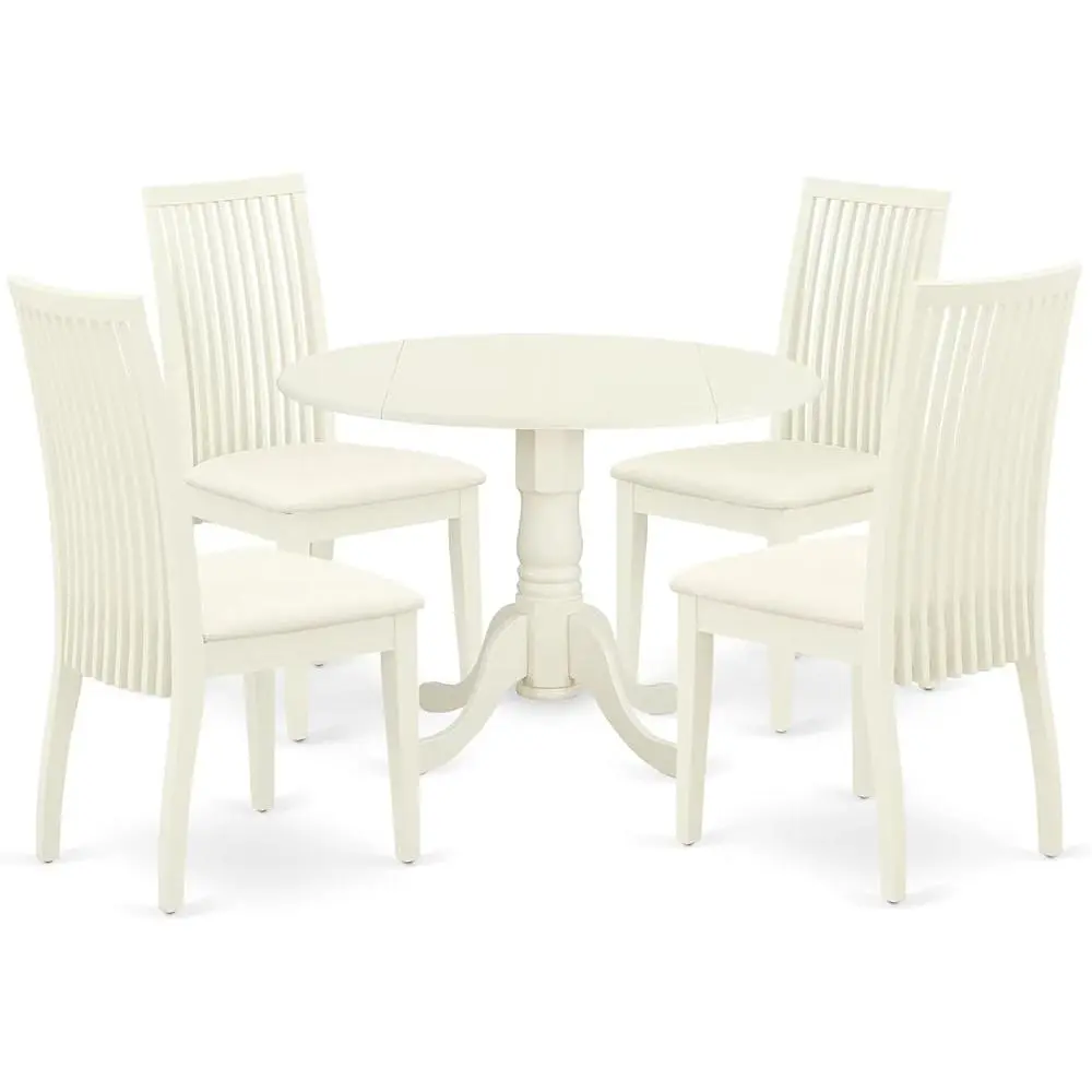 Mid Century Modern 5 Piece Kitchen Dining Set Round Table Dropleaf 4 Chairs Linen Fabric Upholstered Comfort Hardwood Legs