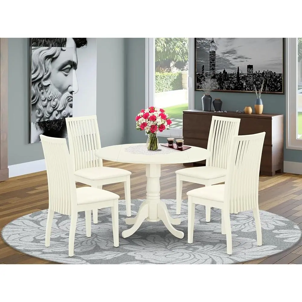 Mid Century Modern 5 Piece Kitchen Dining Set Round Table Dropleaf 4 Chairs Linen Fabric Upholstered Comfort Hardwood Legs
