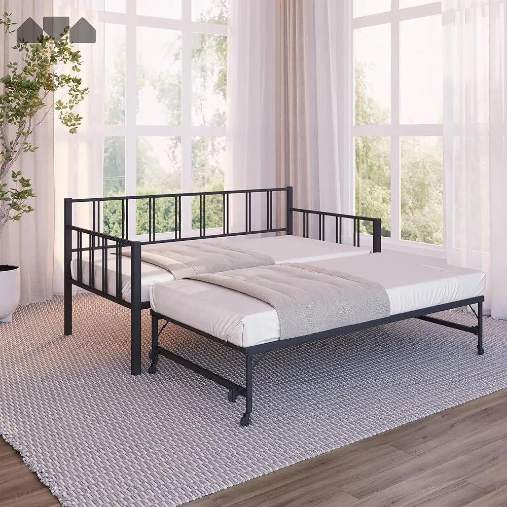 Twin Daybed with Backrest and Pop-Up Trundle Set Space-Saving Furniture Sleepovers and Guest Rooms Durable Multi-Functional Bed