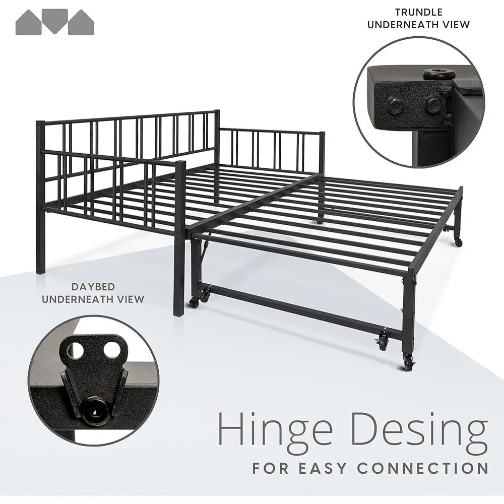 Twin Daybed with Backrest and Pop-Up Trundle Set Space-Saving Furniture Sleepovers and Guest Rooms Durable Multi-Functional Bed