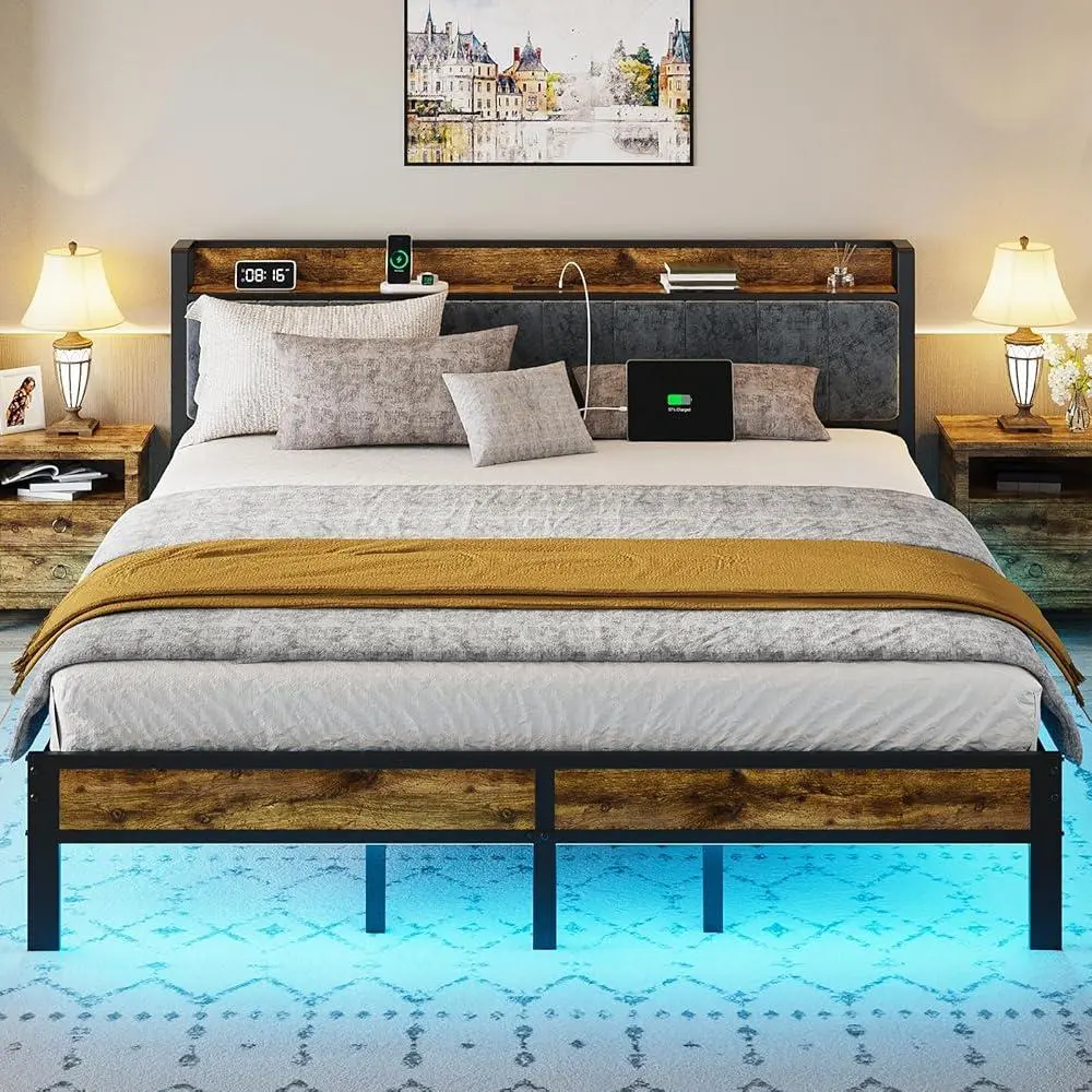King Size Bed Frame with Smart LED Lights USB Charging Station Storage Headboard Metal Platform Bed Noise Free Easy Assembly