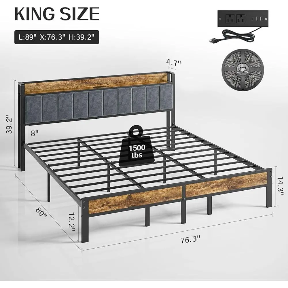 King Size Bed Frame with Smart LED Lights USB Charging Station Storage Headboard Metal Platform Bed Noise Free Easy Assembly