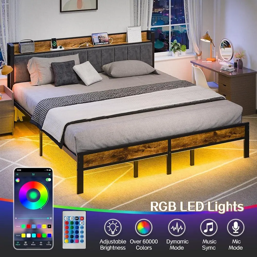 King Size Bed Frame with Smart LED Lights USB Charging Station Storage Headboard Metal Platform Bed Noise Free Easy Assembly