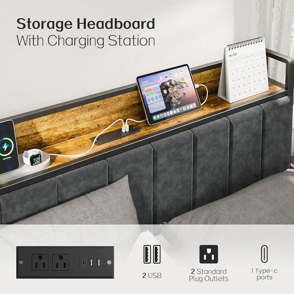 King Size Bed Frame with Smart LED Lights USB Charging Station Storage Headboard Metal Platform Bed Noise Free Easy Assembly