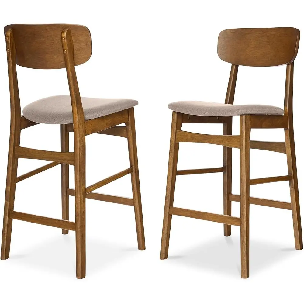 Modern Bar Stool Set of 2 Armless Upholstered Cushioned Seat Wooden Counter Height Stools with Curved Backrest and Footrest