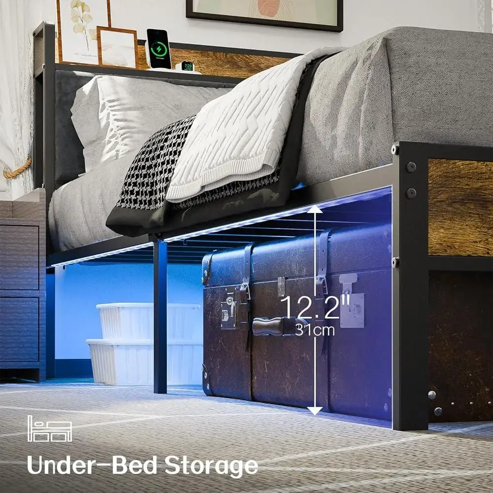 King Size Bed Frame with Smart LED Lights USB Charging Station Storage Headboard Metal Platform Bed Noise Free Easy Assembly