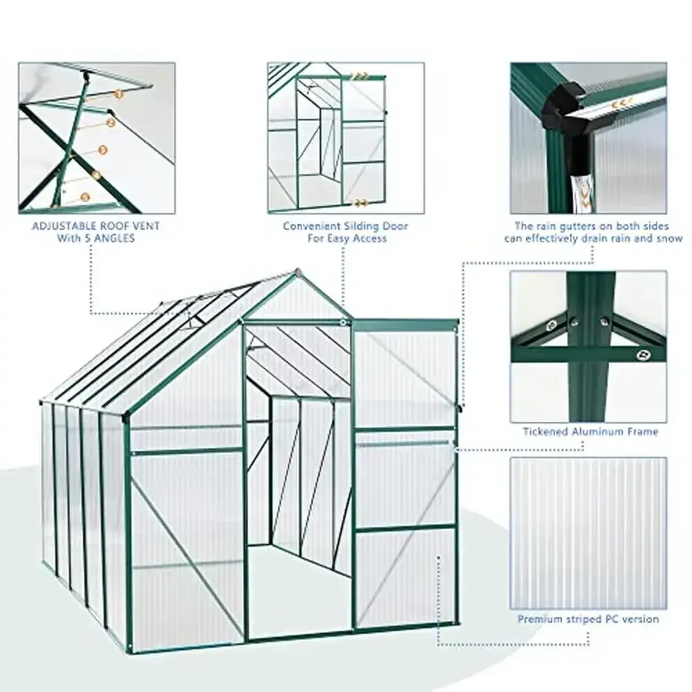 Adjustable Vent Window Walk-in Greenhouse with Sliding Door Premium Aluminum Frame Rain Gutters Drainage Window Vents Fresh Air