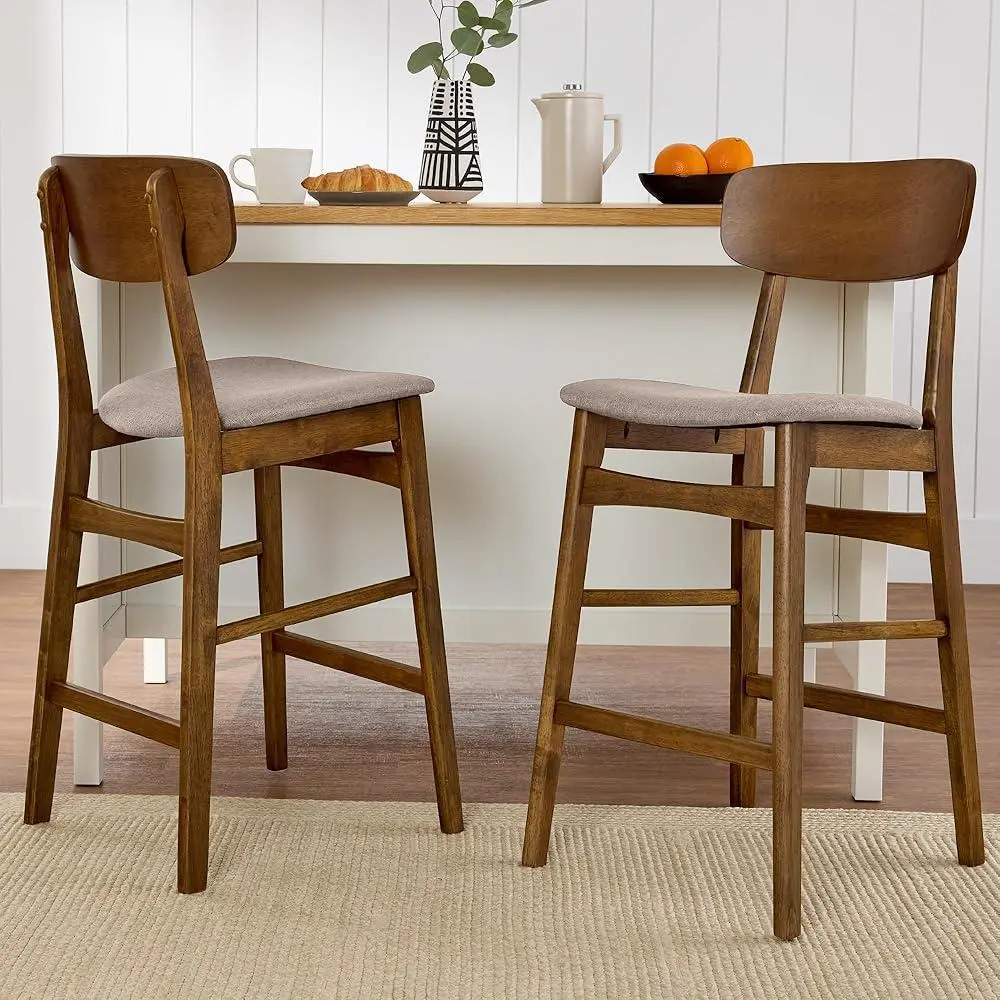 Modern Bar Stool Set of 2 Armless Upholstered Cushioned Seat Wooden Counter Height Stools with Curved Backrest and Footrest