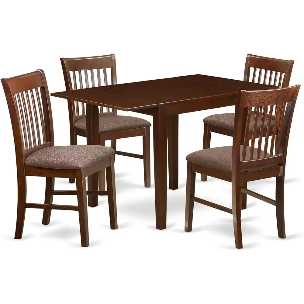 5 Piece Modern Dining Set Dropleaf Solid Wood Table with Upholstered Linen Chairs Comfortable High Backrest Kitchen Furniture