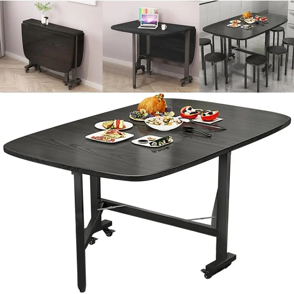 Multifunctional Drop Leaf Dining Table Foldable Wooden Kitchen Table with 6 Wheels Lockable Casters Space Saving Adjustable