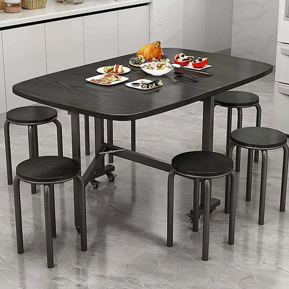 Multifunctional Drop Leaf Dining Table Foldable Wooden Kitchen Table with 6 Wheels Lockable Casters Space Saving Adjustable