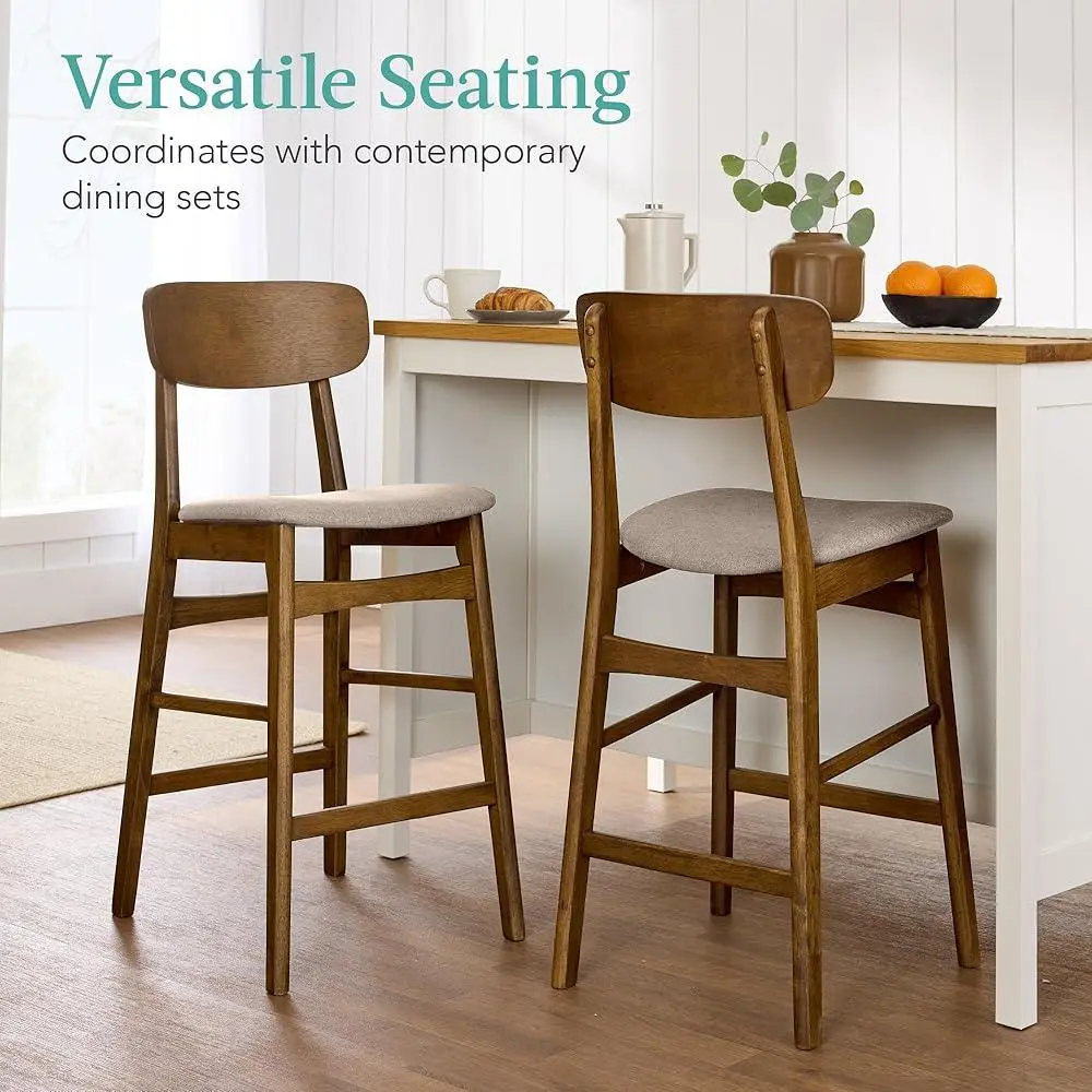 Modern Bar Stool Set of 2 Armless Upholstered Cushioned Seat Wooden Counter Height Stools with Curved Backrest and Footrest