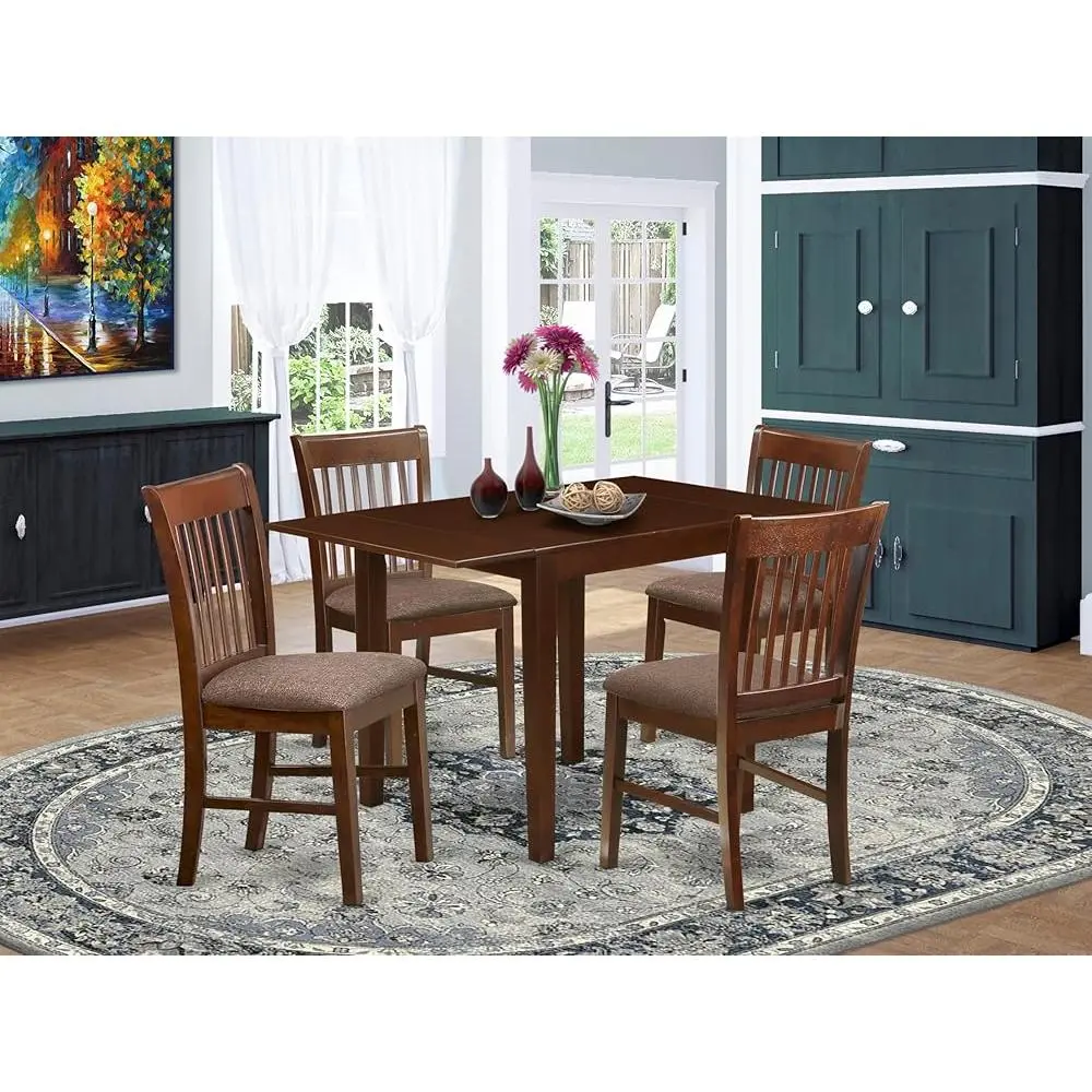 5 Piece Modern Dining Set Dropleaf Solid Wood Table with Upholstered Linen Chairs Comfortable High Backrest Kitchen Furniture