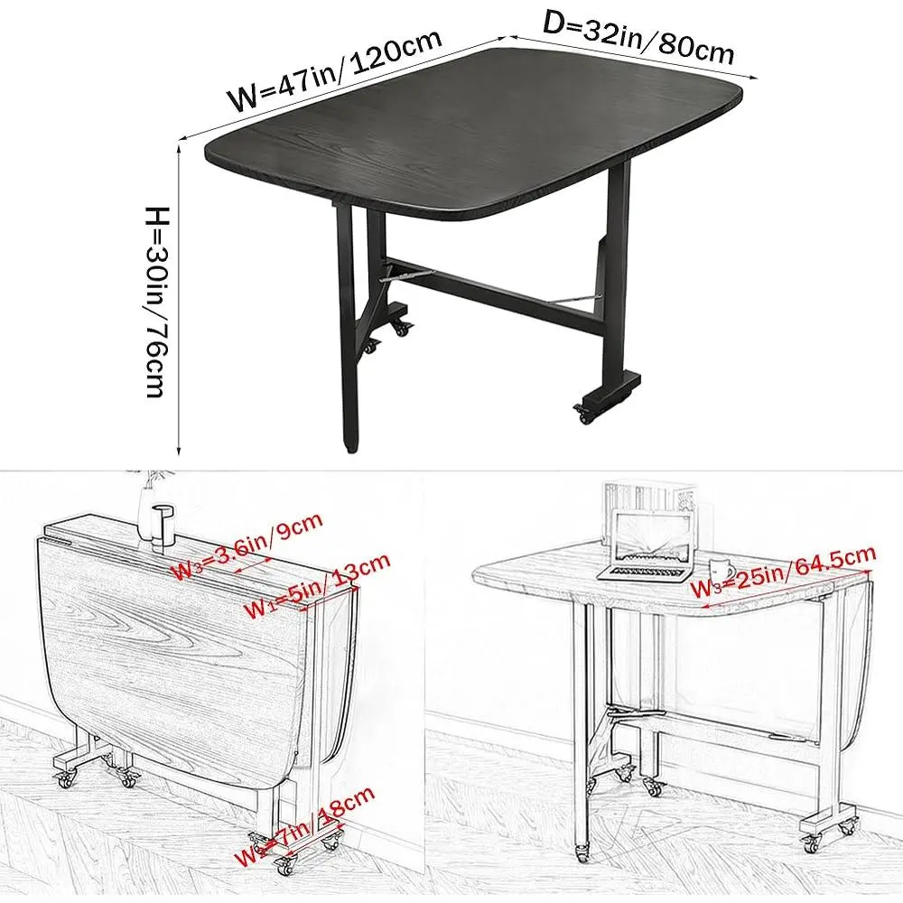 Multifunctional Drop Leaf Dining Table Foldable Wooden Kitchen Table with 6 Wheels Lockable Casters Space Saving Adjustable