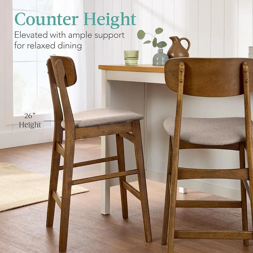 Modern Bar Stool Set of 2 Armless Upholstered Cushioned Seat Wooden Counter Height Stools with Curved Backrest and Footrest