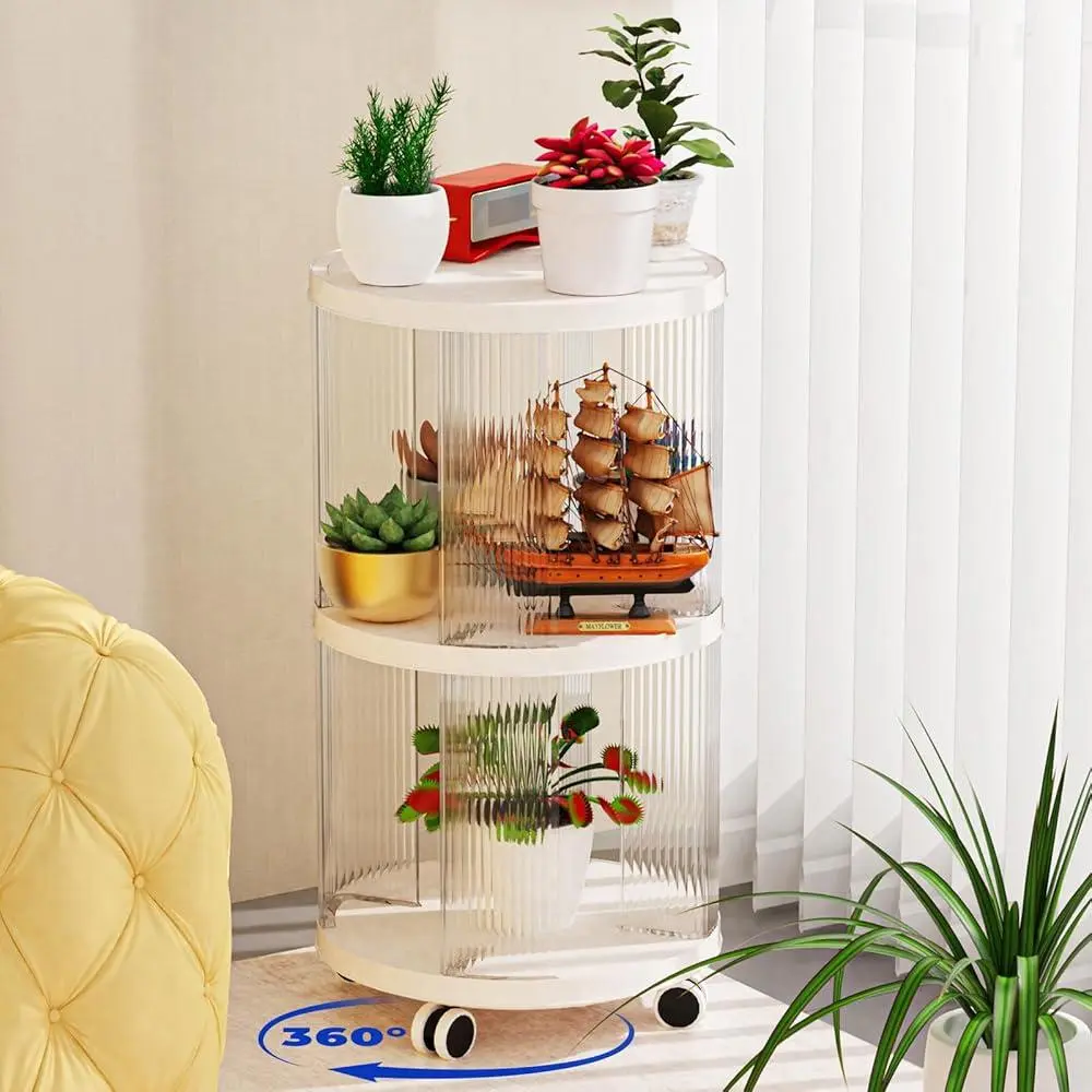 360° Rotating Bookshelf Tower Spinning Bookcase 2 Tiers Moveable Storage Shelf Bedrooms Living Rooms Office Display