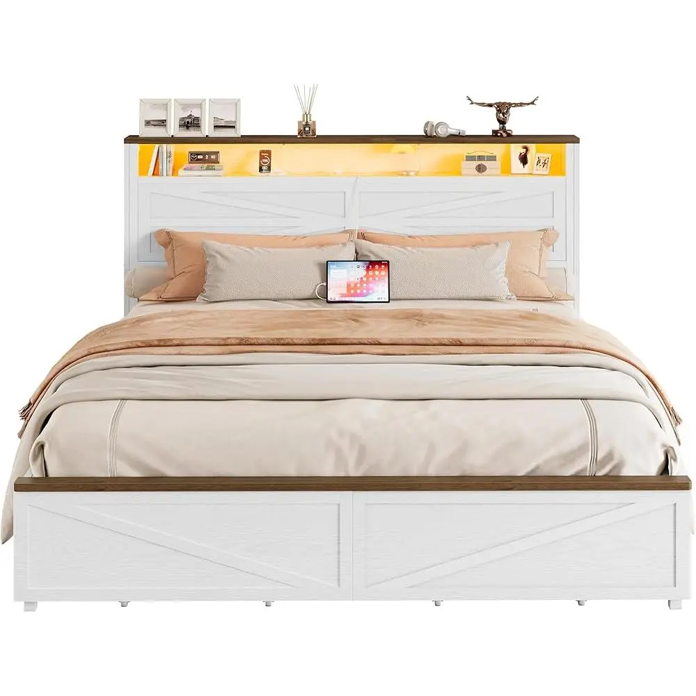 Queen Size Bed Frame with LED Light and Charging Station Wood Bed Frame with Storage Headboard 2 Drawers Heavy Duty Design