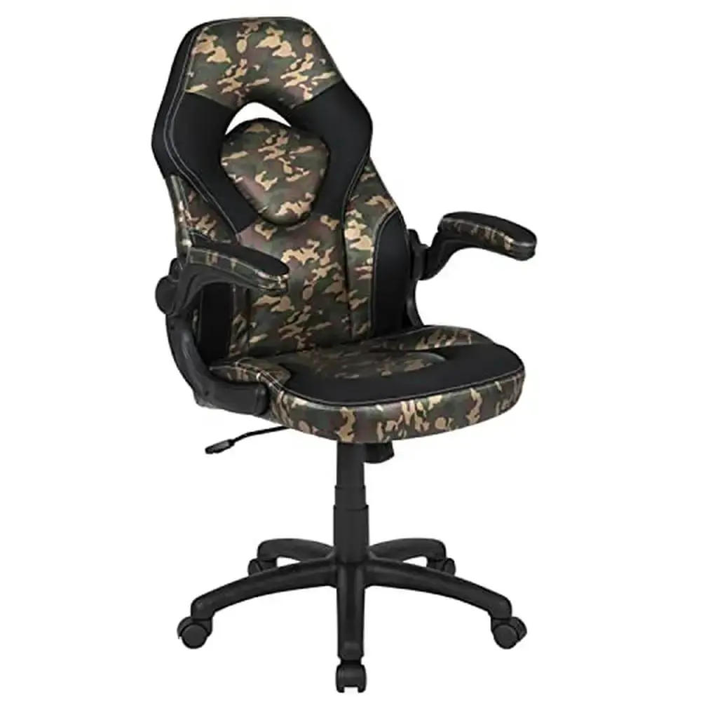 Gaming Desk and Chair Set with Cup Holder Headphone Hook Camo Mesh and Monitor Stand Ergonomic High Back Flip-up Arms Black