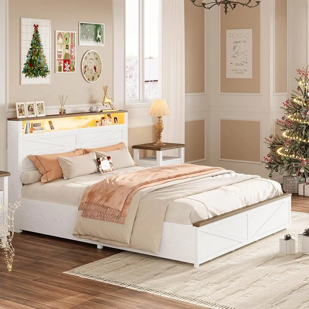 Queen Size Bed Frame with LED Light and Charging Station Wood Bed Frame with Storage Headboard 2 Drawers Heavy Duty Design