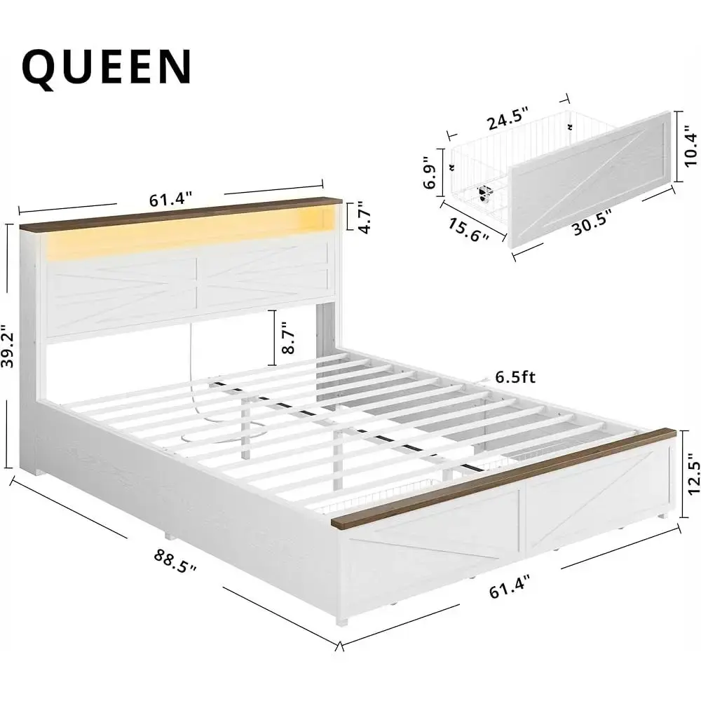 Queen Size Bed Frame with LED Light and Charging Station Wood Bed Frame with Storage Headboard 2 Drawers Heavy Duty Design