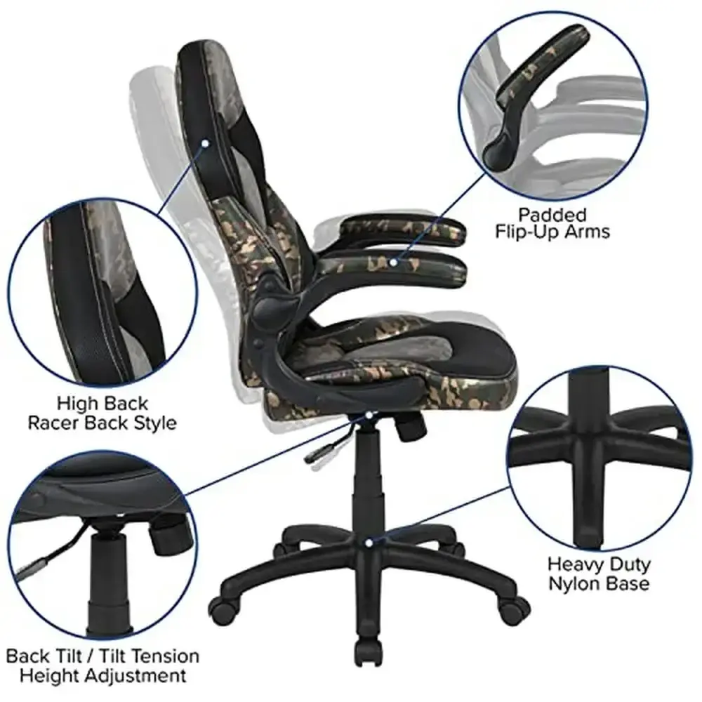 Gaming Desk and Chair Set with Cup Holder Headphone Hook Camo Mesh and Monitor Stand Ergonomic High Back Flip-up Arms Black