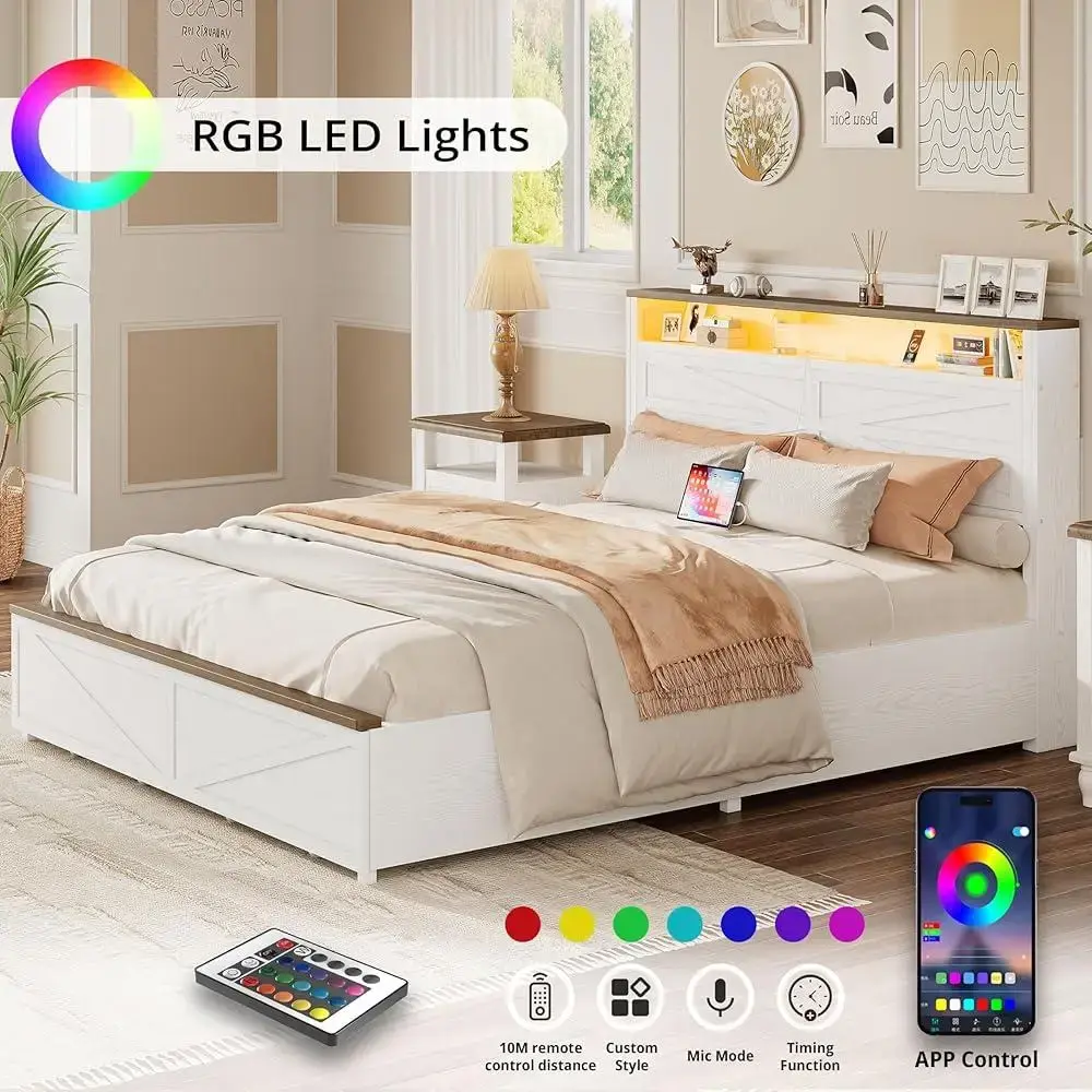 Queen Size Bed Frame with LED Light and Charging Station Wood Bed Frame with Storage Headboard 2 Drawers Heavy Duty Design