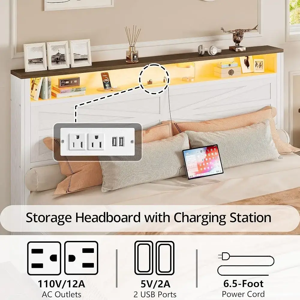 Queen Size Bed Frame with LED Light and Charging Station Wood Bed Frame with Storage Headboard 2 Drawers Heavy Duty Design