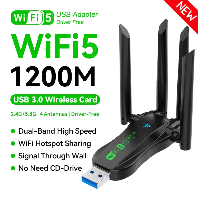 VAORLO 1200Mbps WiFi USB Adapter WiFi5 Dual Band 2.4G+5.8Ghz 4 Antenna Dongle USB3.0 High-Speed Wireless Card Receiver PC/Laptop