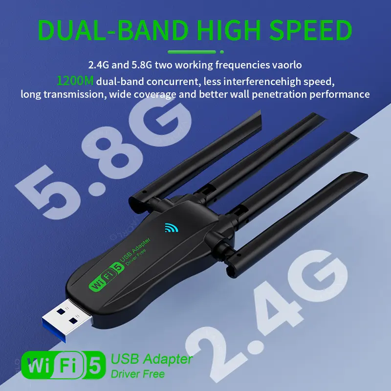 VAORLO 1200Mbps WiFi USB Adapter WiFi5 Dual Band 2.4G+5.8Ghz 4 Antenna Dongle USB3.0 High-Speed Wireless Card Receiver PC/Laptop