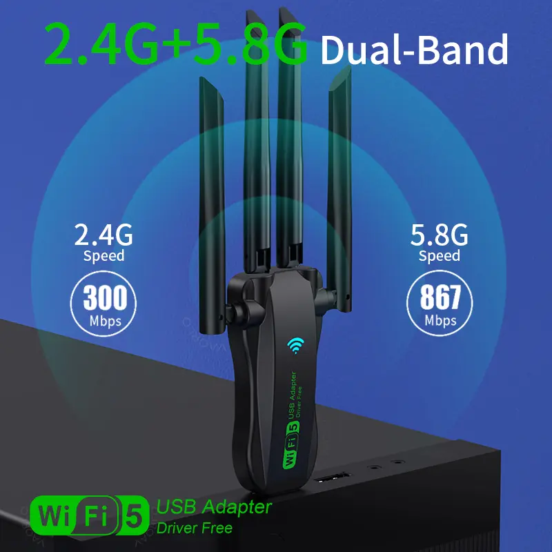 VAORLO 1200Mbps WiFi USB Adapter WiFi5 Dual Band 2.4G+5.8Ghz 4 Antenna Dongle USB3.0 High-Speed Wireless Card Receiver PC/Laptop