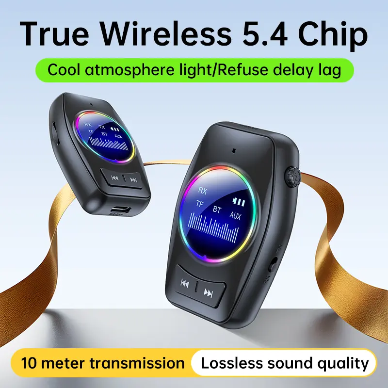 RGB Bluetooth 5.4 Audio Transmitter Receiver LED Display Hifi Music Wireless Adapter With Mic 3.5MM AUX TF Card Play For TV Car
