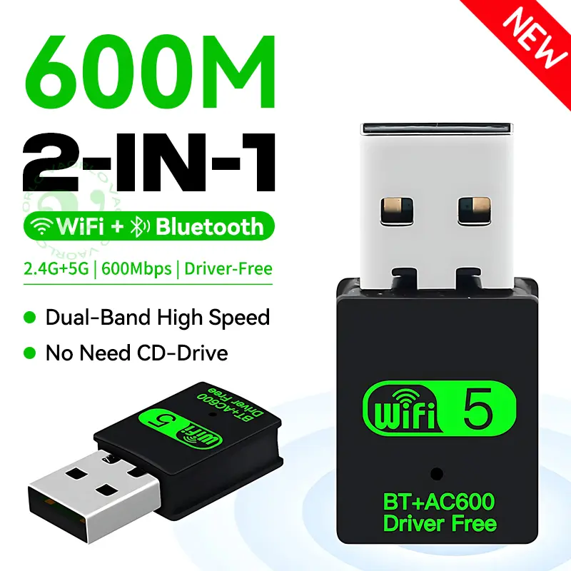 2-In-1 USB WiFi Bluetooth Wireless Adapter 600Mbps 2.4G+5GHz Wi-Fi Dongle AC600 High-Speed Network Card Receiver For PC Laptop