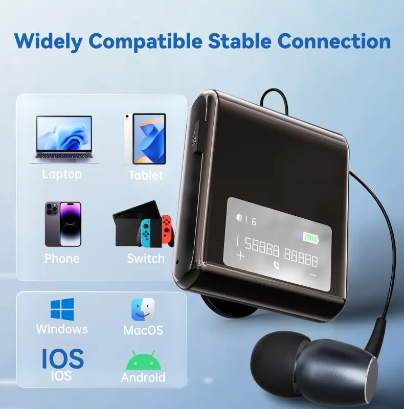 K75/K89 Lavalier Business Bluetooth 5.4 Wireless Headset Talk/Music 20H LCD Digital Display Earphone With Mic Noice Cancelling