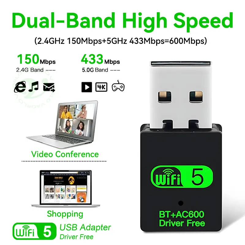 2-In-1 USB WiFi Bluetooth Wireless Adapter 600Mbps 2.4G+5GHz Wi-Fi Dongle AC600 High-Speed Network Card Receiver For PC Laptop