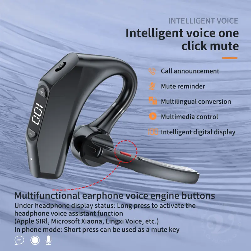 Ultra-long Standby Business Wireless Headset LED Display With MIC Noice Cancelling Left Right Ear Universal Bluetooth Earphone