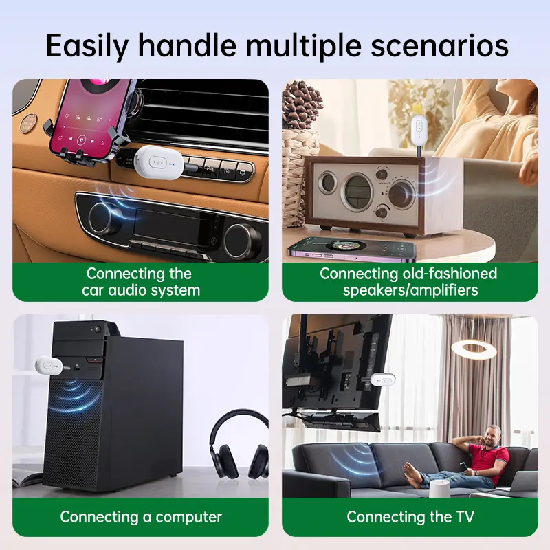 2-in-1 Bluetooth 5.4 Audio Receiver Transmitter Multipoint Wireless Adapter With MIC 3.5MM AUX For Airplane TV PC Car Speakers