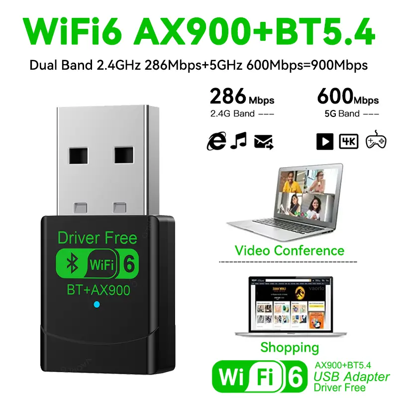 AX900 WIFI6 USB Adapter 2 IN 1 Bluetooth 5.4 Dual Band 2.4G&5G 900Mbps WiFi 6 802.11AX Mini Wireless Card Receiver For WIN 10/11