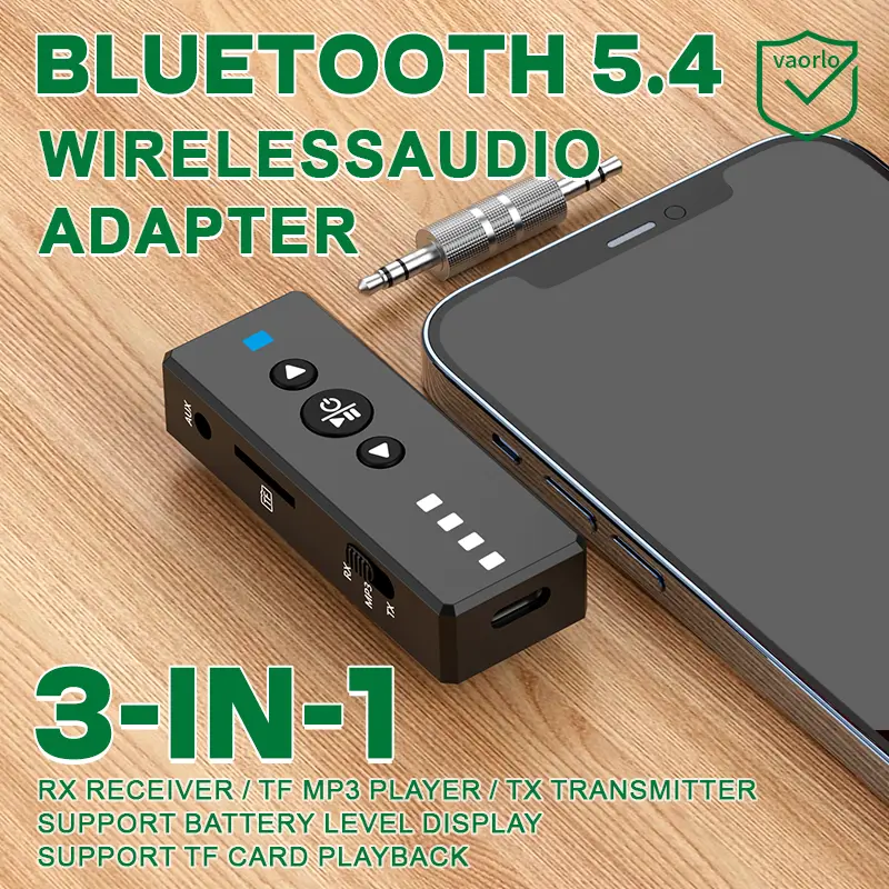 Bluetooth 5.4 Audio Transmitter Receiver 3.5MM AUX Support TF Card Play MIC Collar-Clip Wireless Adapter For Car Airplane TV PC