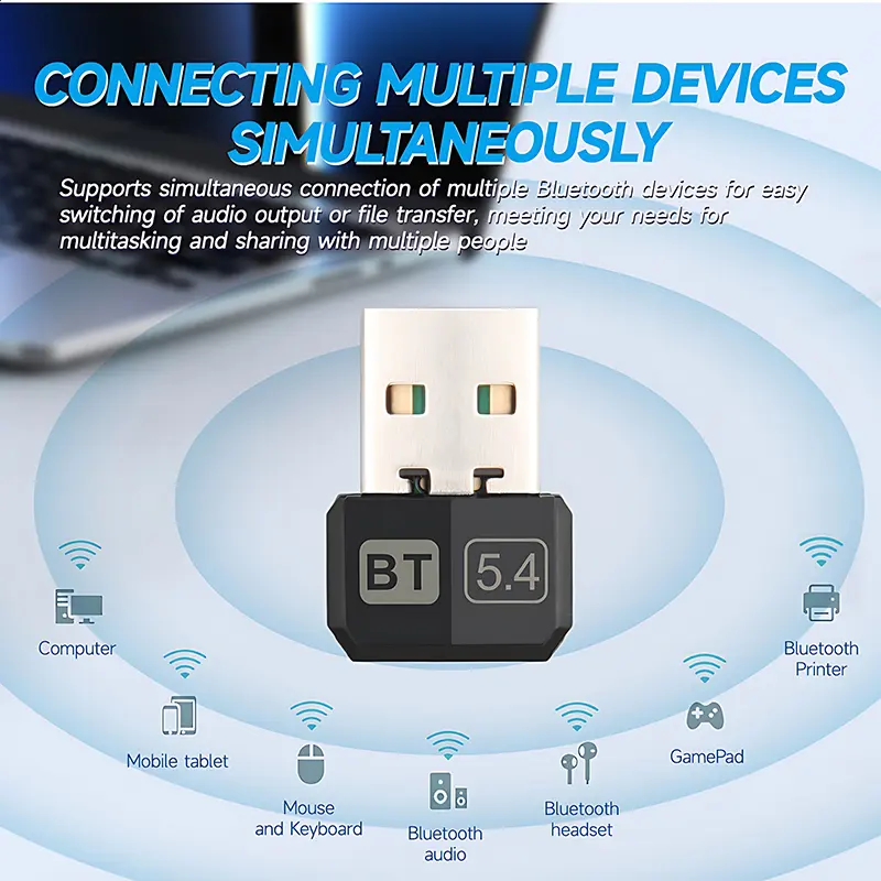 USB Bluetooth 5.4 Adapter Audio Dongle Adapter Mini USB Wireless Receiver/Transmitter For PC/Laptop Driver Free For Win10/11