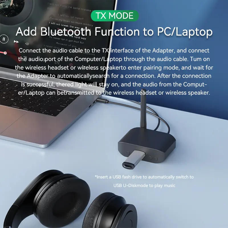 3 IN 1 Bluetooth 5.3 Audio Transmitter Receiver USB U-Disk Play 3.5mm AUX Stereo Music Wireless Adapter For Car PC TV Speaker