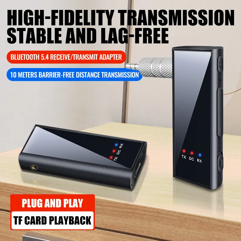 New Bluetooth 5.4 Audio Transmitter Receiver 3.5MM AUX Stereo Music Wireless Adapter With Mic Support TF Card Play For Car TV PC