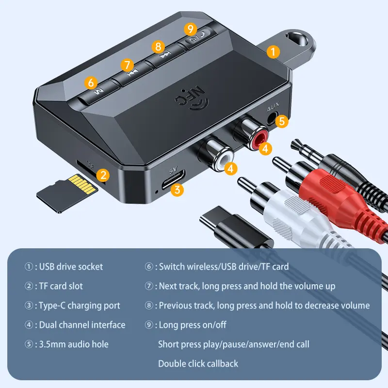 NFC Bluetooth 5.3 Audio Receiver RCA 3.5mm AUX USB Wireless Adapter With MIC Support U-Disk/TF Card Play For Car Kit Speaker
