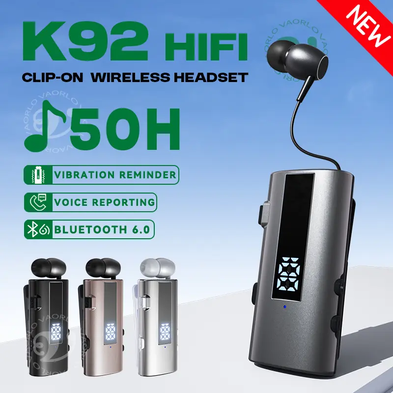 K92 Bluetooth 6.0 Lavalier Business Headset Call 30h/Music 50h Vibration Reminder LED Digital Display With Mic Wireless Earphone